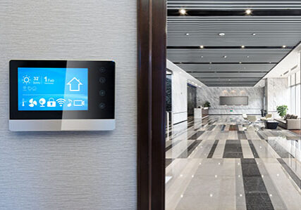 smart screen on wall with spacious hall in modern office building